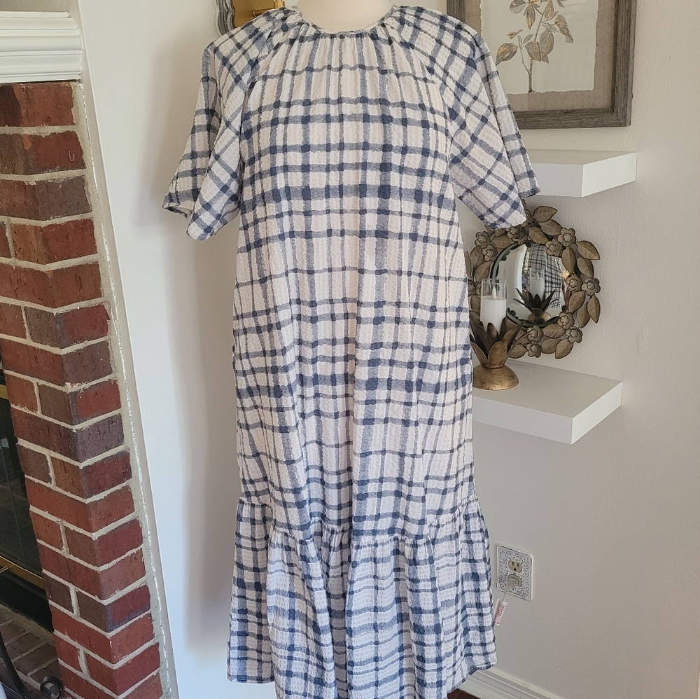 Blue and White Checkered Midi Dress By Routine Size Medium